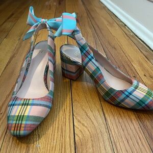 J. Crew Pink and Blue Heels Vibrant Plaid Pumps